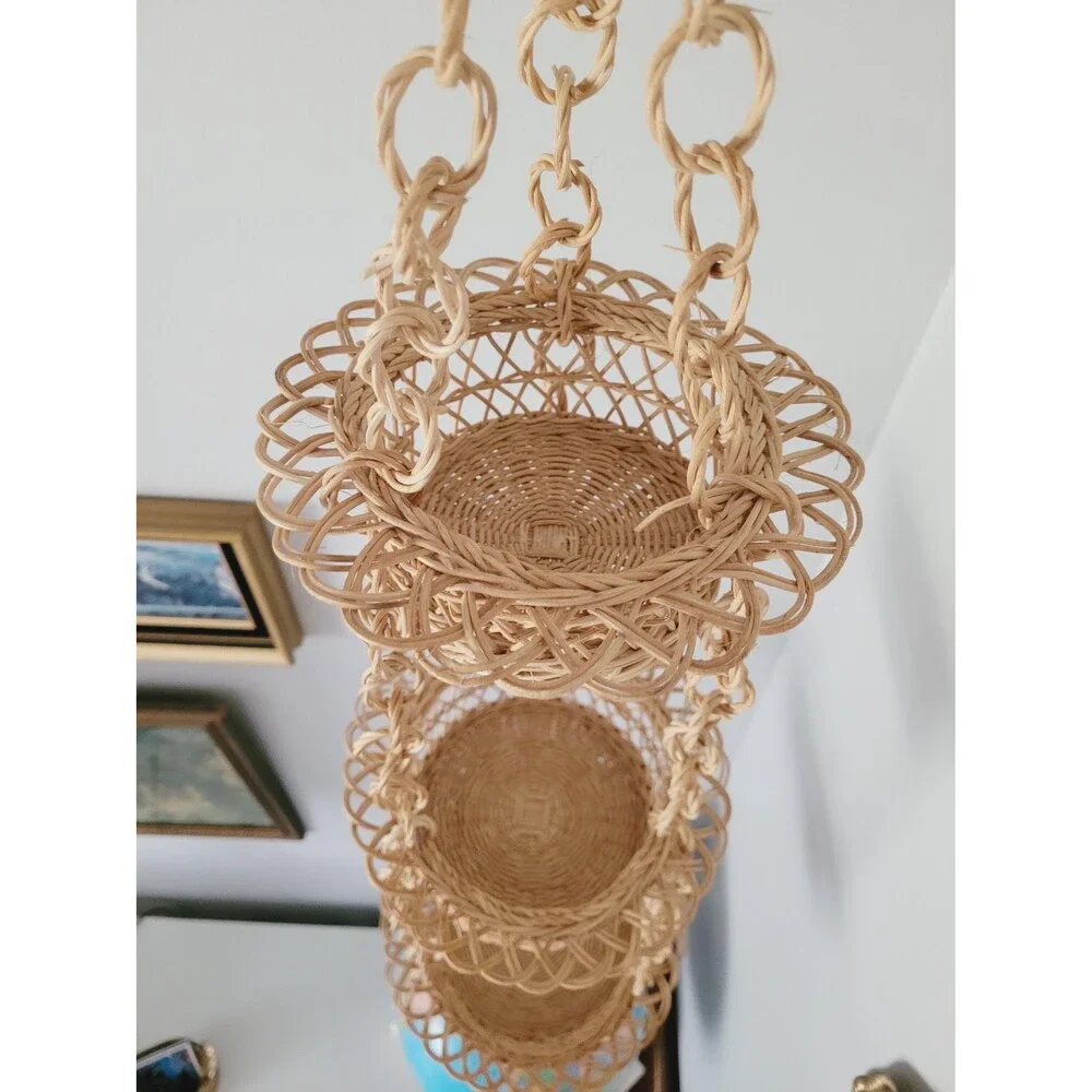 Vintage Handwoven Rattan Hanging Basket 3-Tier Organizer